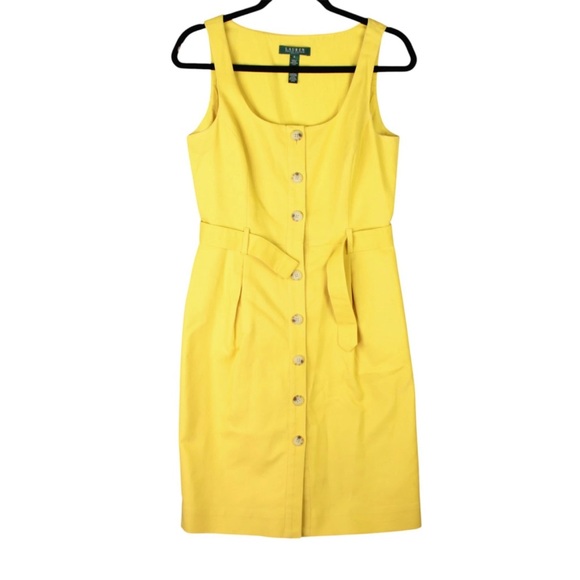 Lauren Ralph Lauren Women Sleeveless Trench Dress Size 6 Yellow Belted Button - Picture 1 of 15